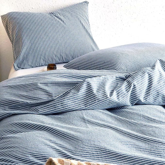 Wake In Cloud - Striped Cotton Duvet Cover Set, 100% Washed Cotton Textured Percale Bedding Set, Ticking Stripe Pinstripe Farmhouse, 3 Pieces, Denim Blue, King Size