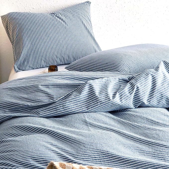 Wake In Cloud - Striped Cotton Duvet Cover Set, 100% Washed Cotton Textured Percale Bedding Set, Ticking Stripe Pinstripe Farmhouse, 3 Pieces, Denim Blue, Full Size
