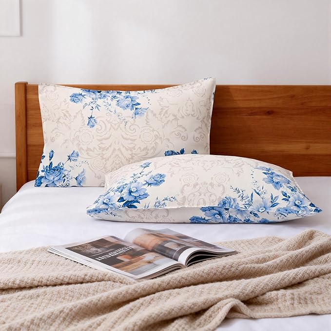 CHUFFED 100% French Linen Pillow Cases Porcelain Bloom Print, Farmhouse Floral Stone Washed Pillow Shams with Envelope Closure Soft Breathable Vintage Pillow Covers for Decor,20x30 inches