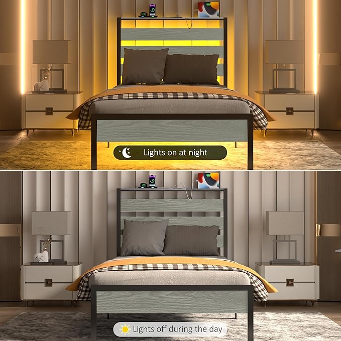 J.Fkne Twin Bed Frame with LED Lights & Charging Station, Metal Platform Bed with Headboard, Heavy Duty Metal Slats, No Box Spring Needed, Noise Free, Easy Assembly