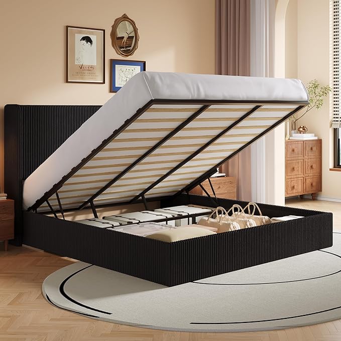SHA CERLIN King Size Lift Up Storage Bed Frame, Modern Upholstered Wingback Headboard, Hydraulic Support & Underneath Storage, Soft Corduroy Fabric Platform Bed, No Box Spring Needed, Black