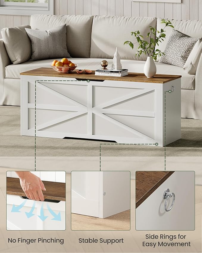 CHOEZON Storage Chest, 47.2" Wooden Storage Trunk, Modern Storage Bench with Safety Hinge, Toy Box, Farmhouse Style, for Bedroom, Living Room, Walnut and White MCW16WL