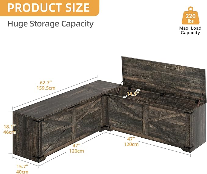 DWVO L-Shaped Storage Bench, 18" High Corner Dining Bench with Safety Hinges, Wooden Nook Chest for Living Room, Bedroom