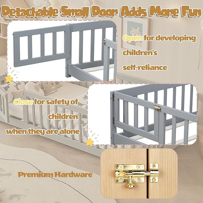 Bellemave Montessori Twin Floor Bed Frame with Fence and Removable Door, Low Profile Twin Size Montessori Bed Frame for Kids, Solid Wooden Floor Beds for Bedroom,Nursery, Grey