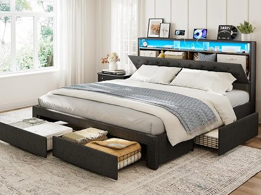 California King Bed Frames with 4 Drawers, Hidden Storage Headboard with LED Lights and Charging Station, Upholstered Cal King Platform Bed, Noise Free, No Box Spring Needed, Dark Grey