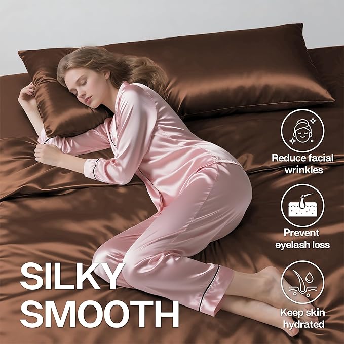 MR&HM Satin Body Pillow Cover, Soft and Breathable Body Pillow Case with Envelope Closure, Cooling and Silky Long Pillowcase for Hair and Skin,Grey (20x54, Brown)