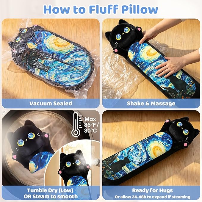 Mewaii Long Cat Plush 5 Sizes, 120% Extra Filling Giant Plushness Kids Body Pillow, Kawaii Cute Black Starry Cat Stuffed Animals Plushies, Big Long Body Pillow Plush Gift for Girls 53”