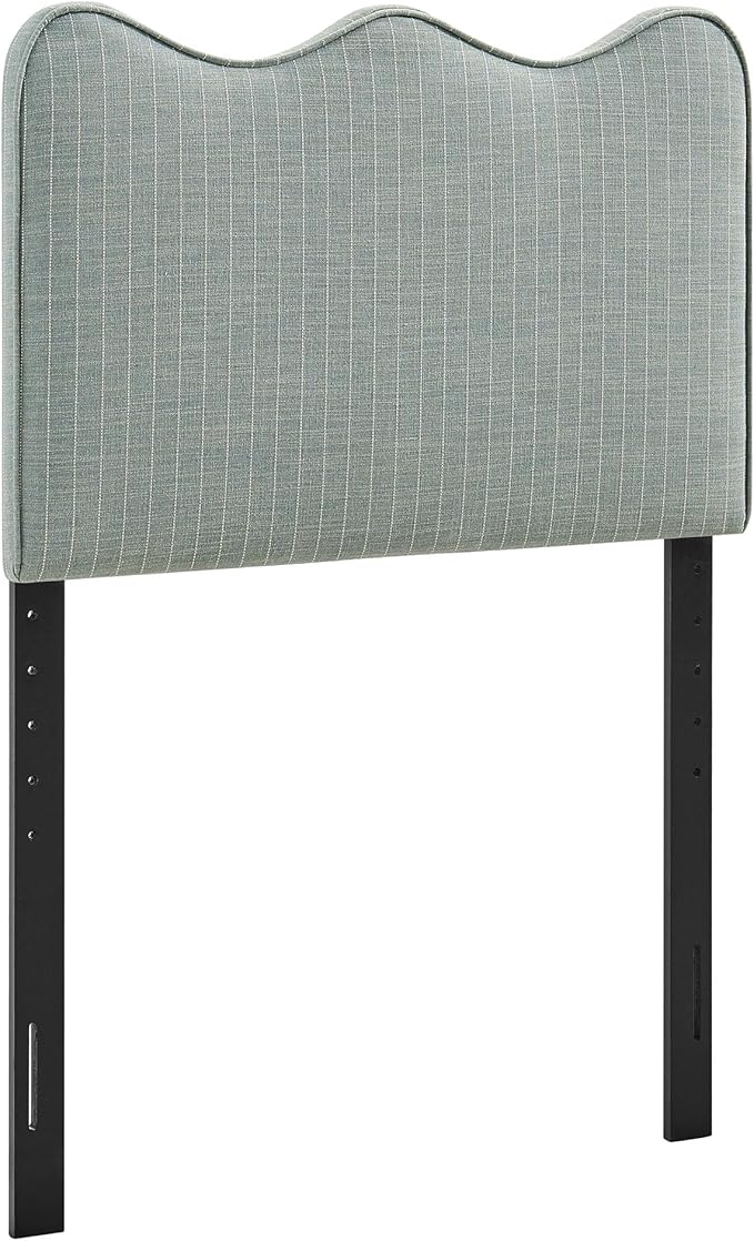 Monday Athena Striped Fabric Upholstered Twin Size Adjustable Headboard in Spa Blue Stripe - with Scalloped Wave Design and Soft Linen-Like Fabric