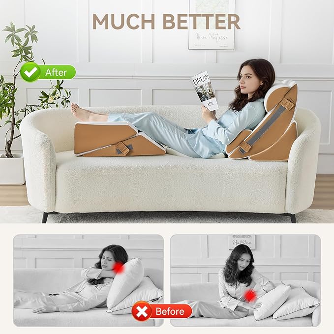 Yojoker 9PCS Orthopedic Bed Wedge Pillow Set for Sleeping, Back and Leg Pain Relief, Post Surgery Foam Pillow for Body, Triangle Adjustable Support Pillow - Acid Reflux Sleeping Pillows Brown