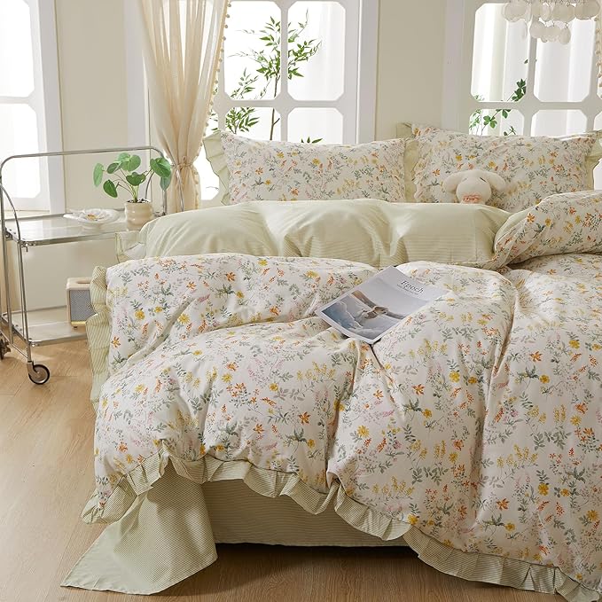 mixinni 100% Cotton Duvet Cover Set King, Reversible Spring Floral Ruffle Green Striped Bedding for Girls, French Country Cottagecore Aesthetic 3PC Duvet Cover with Zipper Closure & Pillowcases