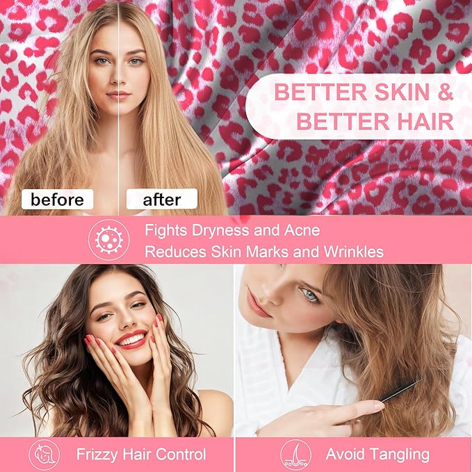 Silk Pillow Cases Standard Size with Hidden Zipper, Mulberry Silk Pillowcase for Hair and Skin, Smooth and Soft Breathable Cooling Silk Satin Pillow Covers for Sleeping, Gifts for Women, Leopard Pink
