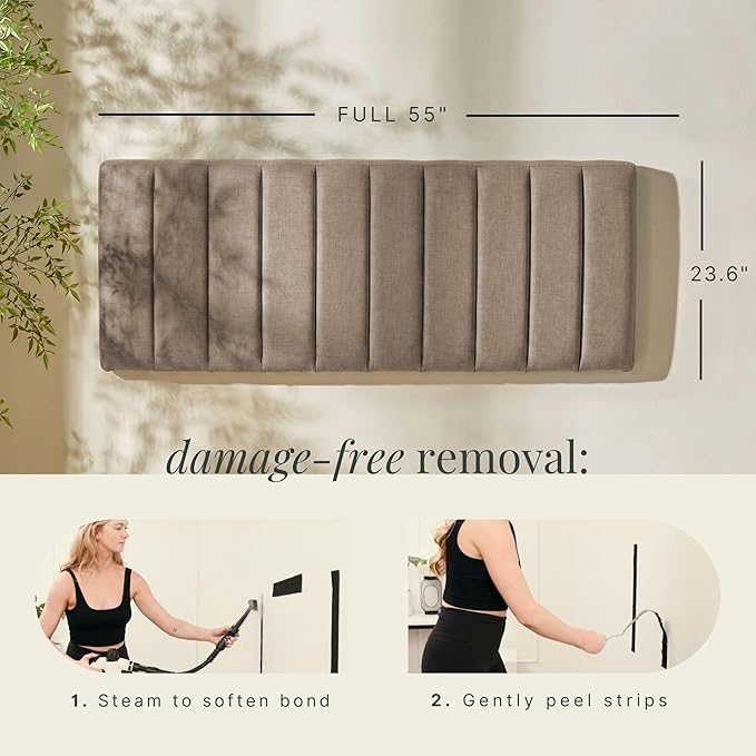 Hearth & Harbor Upholstered Full Headboard - Easy Assemble Channel Stitched Headboard Full Size - Wall Mounted Headboards with 3D Soundproof Wall Panels Peel & Stick Floating Headboards, Mocha