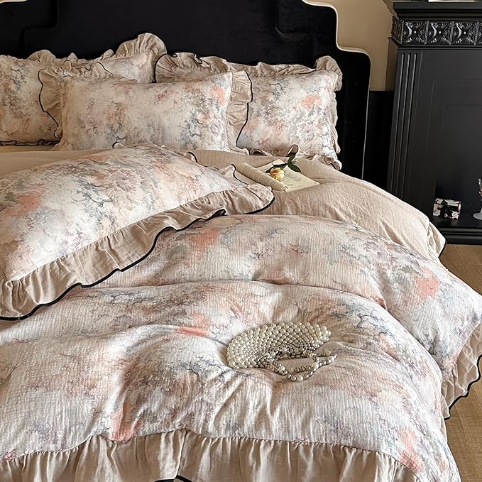 VM VOUGEMARKET Cotton Muslin Duvet Cover Queen Vintage Floral Duvet Cover with Ruffles Soft Linen Like Gauze Comforter Cover with Zip Closure and Corner Ties- 90"x90"