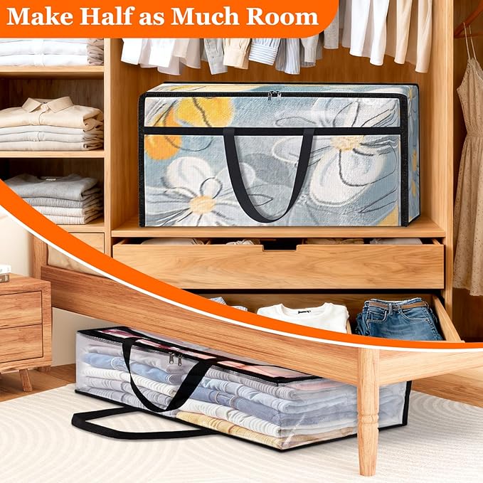 TasticTotes 8 Pack Long Clear Storage Bags for Comforter, Clothes & Bedding, Plastic Blanket Storage with Zipper and Handle, Moving Bags, Closet Organizer and Under-Bed Storage (90L, 39.4"*7.1"*19.7")