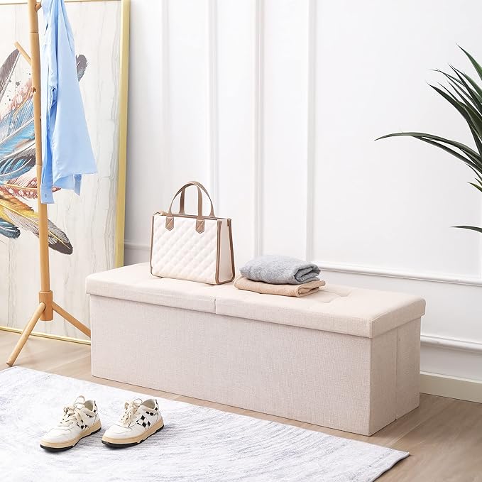 Shoe Storage Ottoman Foldable Seat Footrest Tufted Bench End of Bed Storage with Flipping Lid, 166L Storage Upholstered , Linen Fabric Beige, 45.3 Inches