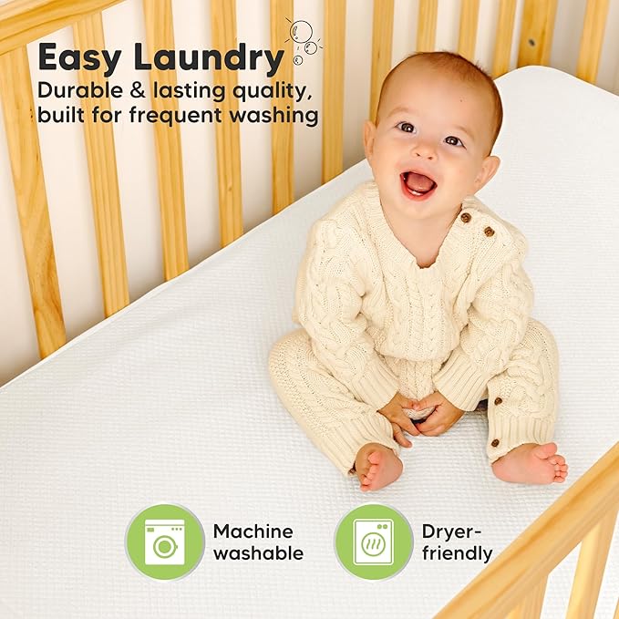 2-Pack Waterproof Crib Mattress Protector Cover Fitted - Quiet Baby Crib Mattress Pad Sheets, 52" x 28" Soft Quilted Cotton Baby Sheet, Machine Washable, Easy Fit, Durable (Soft White/Quin)