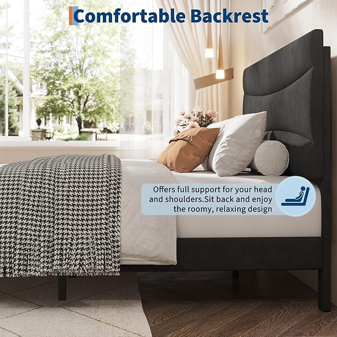 IDEALHOUSE Queen Size Upholstered Platform Bed Frame with Ergonomic Headboard, Beige Soft Fabric, Heavy Duty Wooden Slats, Noise-Free, 6.3" Underbed Storage, No Box Spring Needed, Easy Assembly