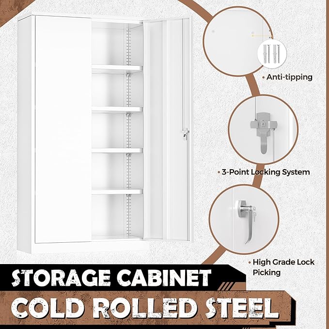INTERGREAT Garage Storage Cabinets with Doors and Shelves,72" Tall White Steel Locking Cabinets Storage, Metal Cabinet for Home Office, Warehouse, School