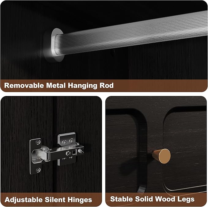 HLR 71" Mid-Century Modern Armoire Wardrobe Closet with Doors and Drawers,Wooden Armoire Storage Cabinet with Hanging Rod for Bedroom,Large Capacity Storage,Black
