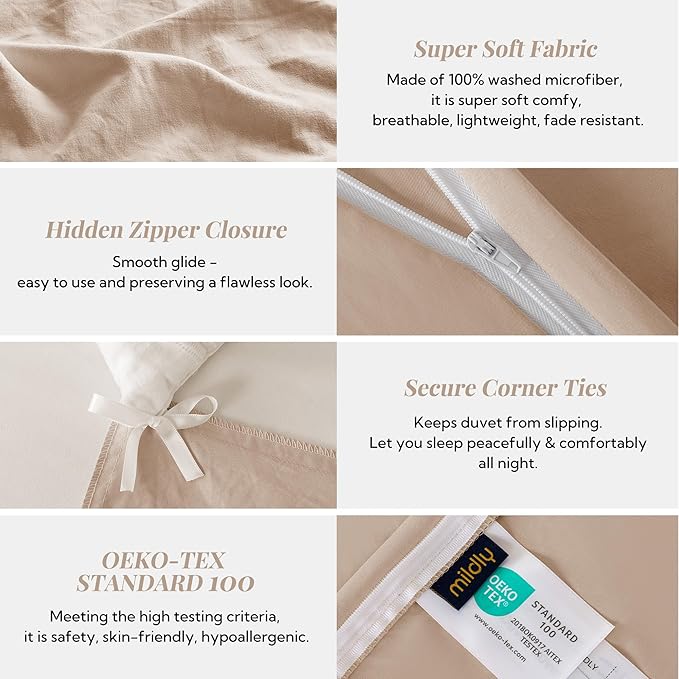 MILDLY Super Soft Duvet Cover - 100% Washed Microfiber Rugby Tan Comforter Cover Set 3 Pieces with Zipper Closure & Corner Ties (No Comforter)