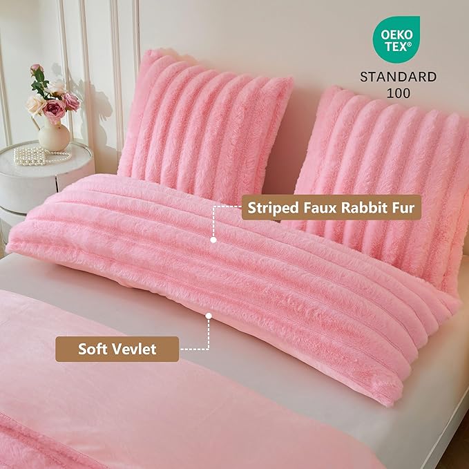 MEGO Fluffy Faux Rabbit Fur Body Pillow Cover, Soft Cozy Furry Wide Striped 20x54 Bed Pillowcase with Zipper, Home Decorative Plush Fuzzy Ribbed Long Pillow Cover for Bed Couch Sofa Bedroom, Pink