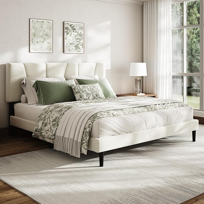 Full Size Bed Frame with Linen Upholstered Platform Bed Frame, Wooden Slats Support, Noise-Free Mattress Foundation, No Box Spring Needed, Easy Assembly, Beige
