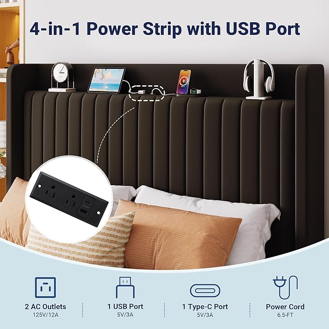 Allewie Queen Size Lift Up Storage Bed Frame,Storage Shelf Headboard with Charging Station,Type-C and USB Ports,Hydraulic Support,Velvet Upholstered Bed Frame,No Box Spring Needed,Black