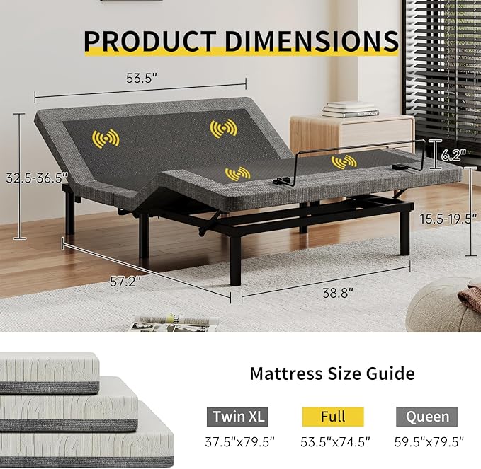 MULIN Full Size Smart Massage Bed Base, Electric Adjustable Frame with 6-Vibration Modes, Head & Foot Incline, 2 USB Ports, Flashlight, Storage Shelf & Remote