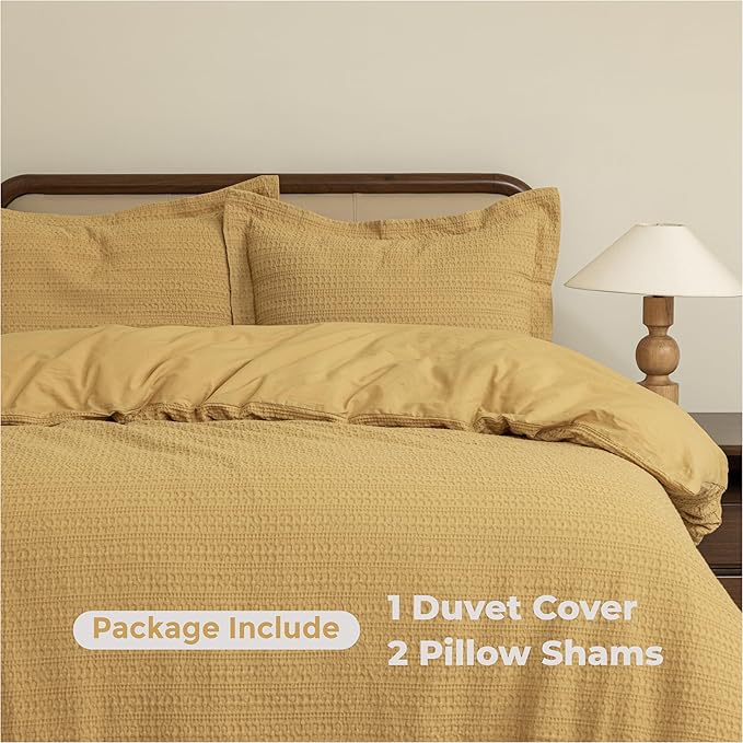 Dreamology Duvet Cover Queen, Waffle Duvet Cover Set,100% Cotton Waffle Weave Duvet Covers with Zipper Closure, Soft Textured & Breathable Bedding Set,Queen Duvet Cover 3 Pieces (Mustard)