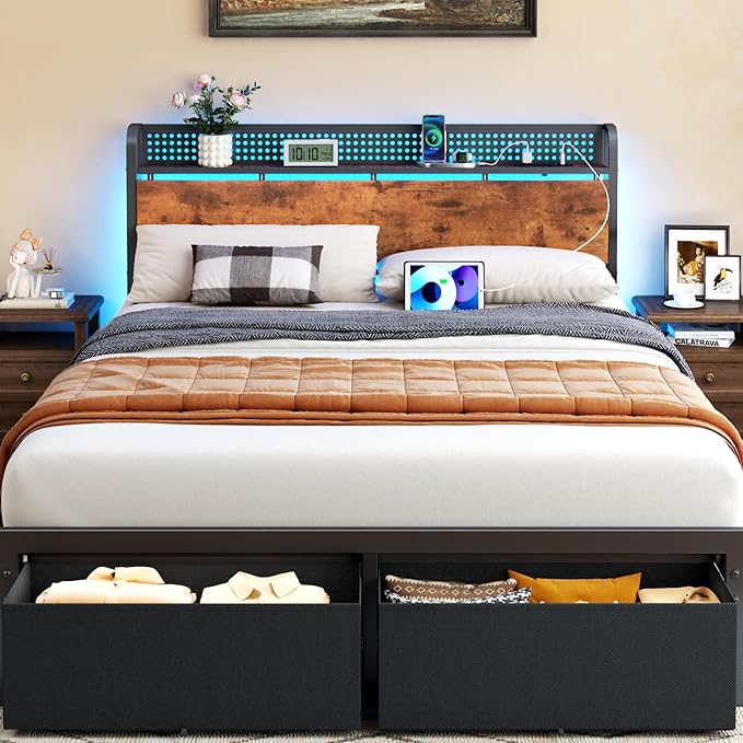 Furnulem Queen Size Bed Frame with Headboard Storage, Platform Bed Frame Queen Size with 2 Drawers, Charging Station and LED Lights, No Box Spring Needed, Noise Free, Easy Assembly (1200 lbs Capacity)