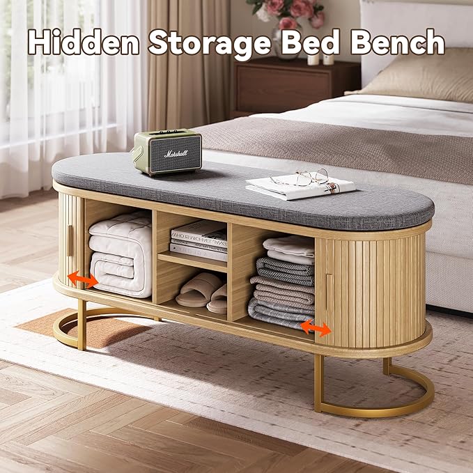 Decofy Storage Bench with Cushion and Sliding Doors, 47.2 Inch Large Entryway Shoe Bench with Sturdy Metal Feet, Multi-Functional for Entrance Hall, Bedroom, Living Room (Oak)