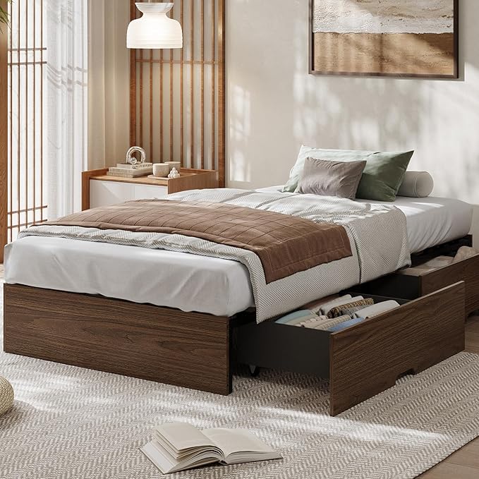 GarveeHome Twin XL Size Wood Platform Bed Frame with 2 Storage Drawers, Wooden Bed Frame Without Headboard, Wood Slat Support, No Box Spring Needed, Easy Assembly