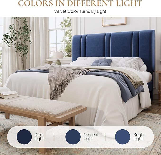 SHA CERLIN Full Size Platform Bed Frame, Velvet Upholstered Bed with Adjustable Headboard, Vertical Channel Tufted Design, Sturdy Wood Slat Support, No Box Spring Needed, Easy Assembly, Dark Blue