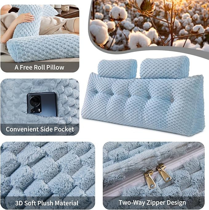 Wedge Headboard Pillow - Bed Wedge Pillow for Headboard Triangular Headboard Pillow with Neck Roll Pillow-Large Bolster Pillow for Sitting in Bed Backrest Positioning Support (Blue,39x8x20 Inches)