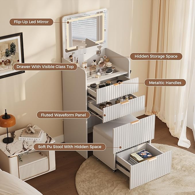 Garvee 3 in 1 Vanity Desk with 3 Drawers and Rolling Stool, Compact Vanity with Flip Top Mirror and Lights, Modern Small Makeup Vanity Table with Charging