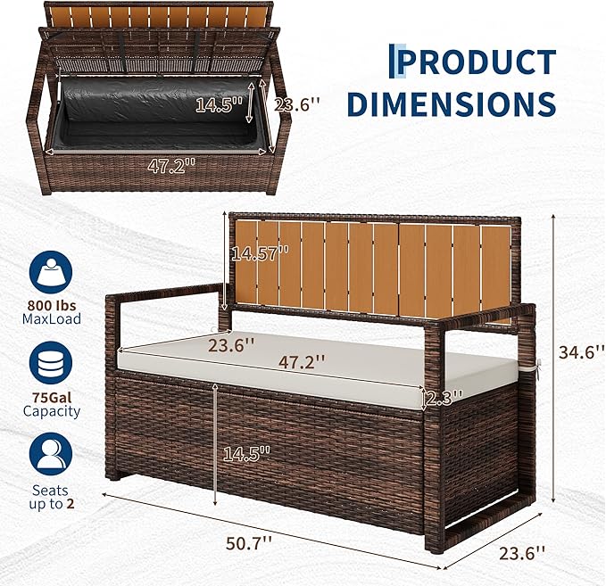 Outdoor Storage Bench with Cushion, 2-Person All-Weather PE Rattan Patio Bench with Backrest & Armrests, Waterproof Wicker Deck Box Seat for Garden, Porch, Poolside & Backyard, Metal Frame，Brown