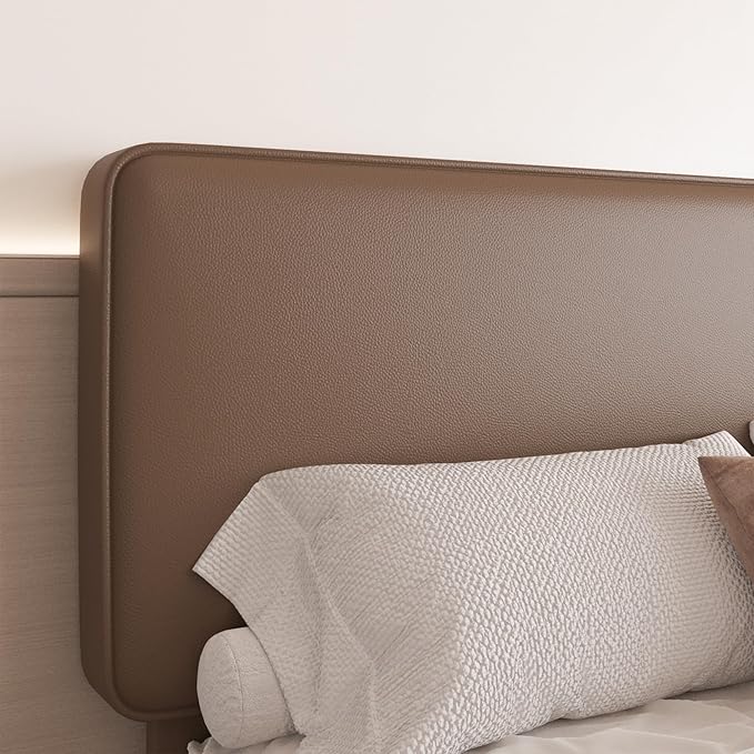 Queen Size Leather Platform Bed Frame with Adjustable Upholstered Headboard, Solid Wooden Legs, No Box Spring Needed, Easy Assembly, Noise Free, Brown