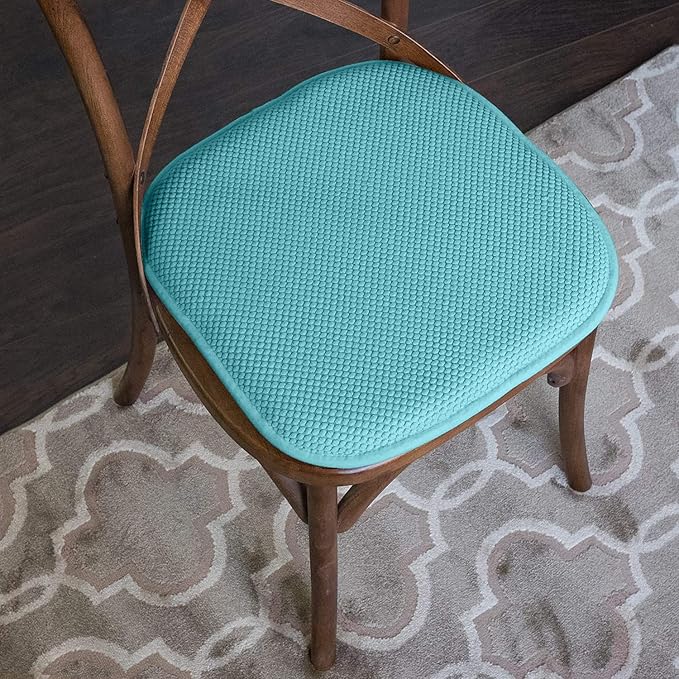 Sweet Home Collection Chair Cushion Memory Foam Pads Honeycomb Pattern Slip Non Skid Rubber Back Rounded Square 16" x 16" Seat Cover, 2 Pack, Teal