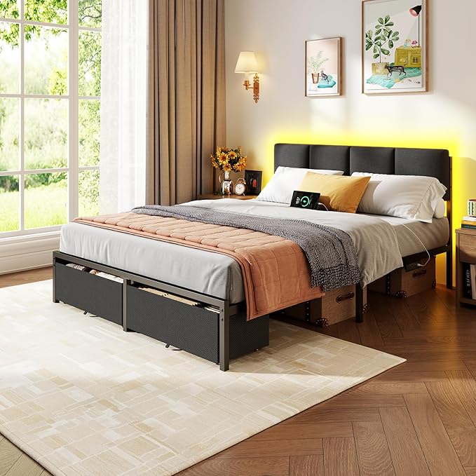 Furnulem Queen Bed Frame with Charging Station and LED Lights, Upholstered Headboard, Metal Platform Bed with 2 Fabric Storage Drawers, Noise Free, No Box Spring Needed, Gery