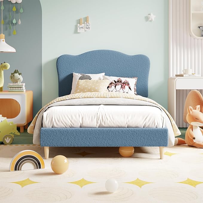 GarveeHome Upholstered Twin XL Size Bed Frame for Kids with Scallop Headboard, Cute Velvet Twin XL Bed for Girls, Boys, Sturdy Platform Bed, No Box Spring Needed, Wooden Slats, Noise Free, Blue