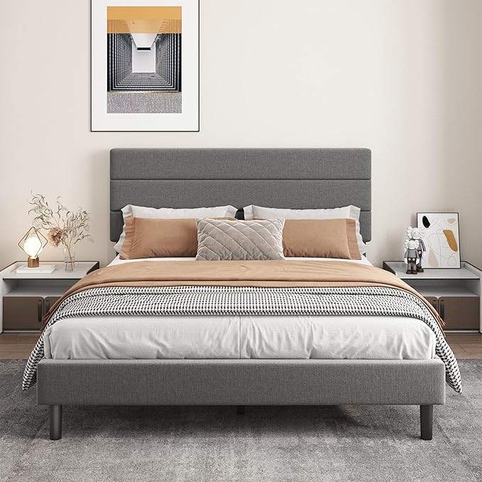 Queen Platform Bed Frame with Adjustable Linen Fabric Upholstered Headboard, Strong Slats Support, Noise-Free, No Box Spring Required, Easy Assembly for Bedroom Guest Room, Grey