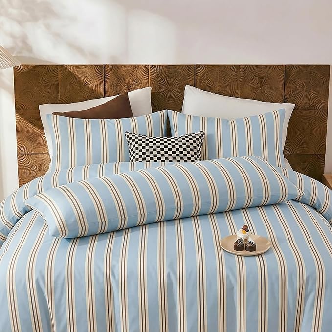 Merryword Standard Size Pillowcases, 100% Cotton Pillow Cases, Light Blue Striped Pillowcases, Soft Breathable Ribbon Stripe Pillow Covers, Set of 2