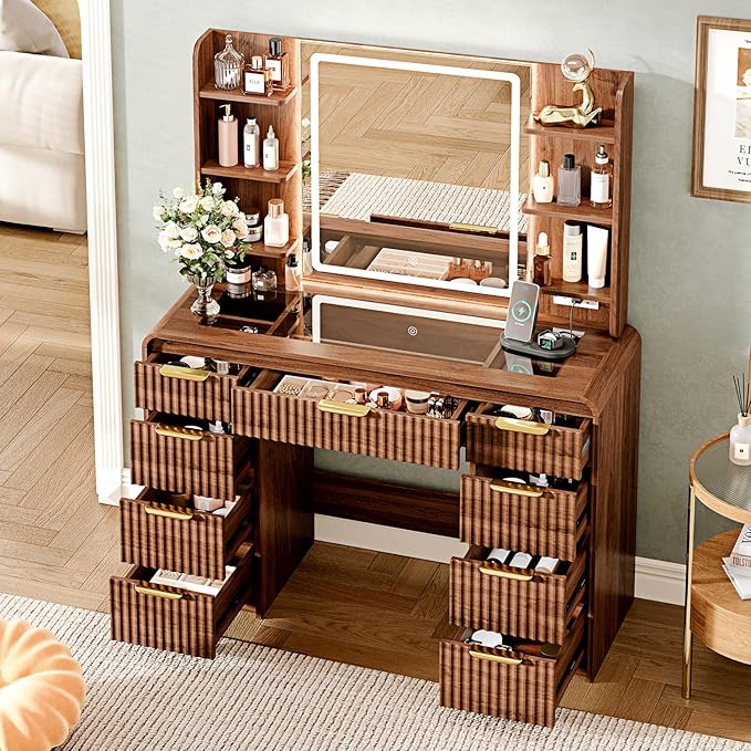 43" Makeup Vanity Desk with Mirror and Lights&Power Outl, 3 Adjustable Light Color,Glass Top Big Vanity Table with 9 Drawers & 6 Shelves,Girls Vanity for Bedroom, Tan