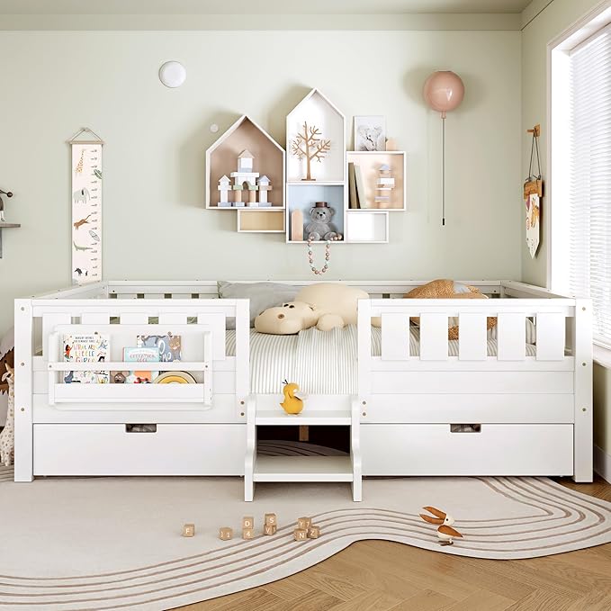 Bellemave Queen Size Kids Montessori Bed with Stairs and Bookshelf,Solid Wood Queen Size Kids Bed Frame with Drawers and Storage for Girls Boys,Low-Profile,White