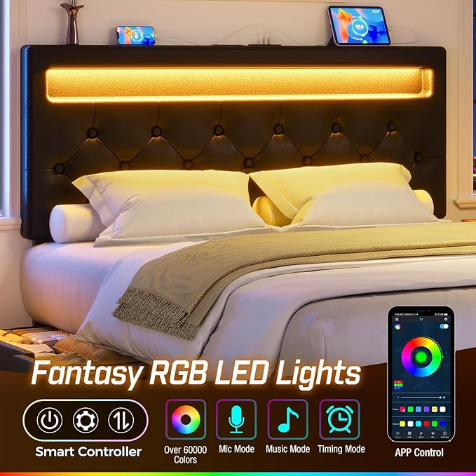 Rolanstar Full Size Bed Frame with 4 Drawers and Charging Station,Twin Bed with Led Lights, 2 USB and 1 Type C, Adjustable Upholstered Headboard 38.9/40.8 Inches, Sturdy, No Box Spring Needed, Black