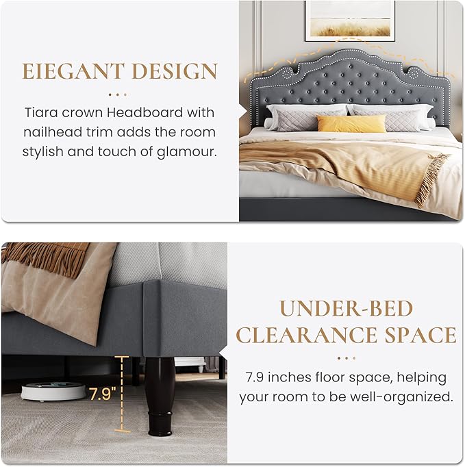 SHA CERLIN King Size Platfrom Bed Frame with Adjustable Headboard/Velvet Upholstered Diamond Button Tufted and Metal Studs/No Box Spring Needed/Easy Assembly/Woodenen Slat Support/Light Grey