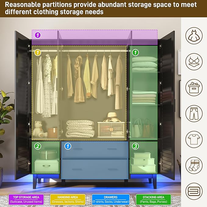 jiteentarou 4 Door Armoire Wardrobe Closet Cabinet with Drawers and LED Lights, Multi-Tier Shelves, Hanging Rod & Louver Doors, Large Capacity Storage Wardrobe Armoire for Bedroom(4 Doors Black)