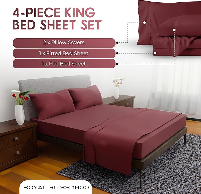 Royal Bliss King Size Sheets Set - 4 Piece Bedding - Wrinkle Free - Double Brushed, Deep Pocket, Cooling Sheets (Burgundy)