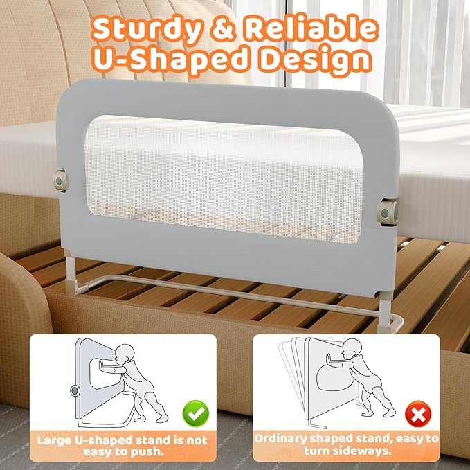 omzer Large Bed Guard Rail for Toddlers - 59inch Foldable & Adjustable Heights Baby Bed Safety Railing - Toddler Long Bed Rails Guard for Twin, Bunk, Queen & King, Full Size Bed Grey