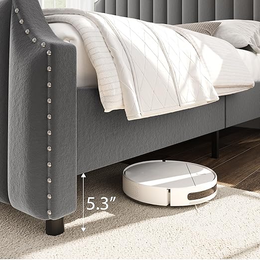 GarveeHome Queen Size Platform Bed Frame with 50.2 in Headboard, Velvet Upholstered Bed Frame with Vertical Channel Tufted Headboard & Footboard, Nailhead Trim, No Box Spring Needed, Grey
